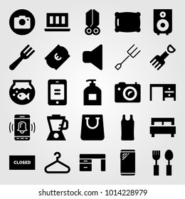 Shopping vector icon set. sport shirt, desk, photo camera and cutlery