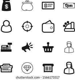 shopping vector icon set such as: expensive, media, banner, print, amount, sack, users, building, purchase, construction, coin, luxury, network, user, profit, dart, basket, announcement, objective