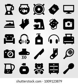 Shopping vector icon set. toy, ticket, coffee maker and computer