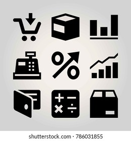 Shopping vector icon set. wallet, percentage, cash mashine and shopping cart