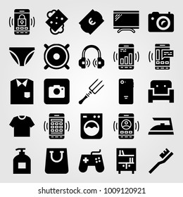 Shopping vector icon set. washing machine, shirt, couch and fork