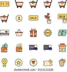 A shopping vector icons collection, shopping concept, sale, shopping cart, money, wallet, credit card, shopping basket, shop, store, buy, discount. Vector illustration