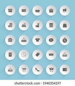 iconos vectoriales de compras en círculos redondos de papel puffy con sombras transparentes sobre fondo azul. iconos vectoriales de stock de compras para diseño web, móvil y de interfaz de usuario