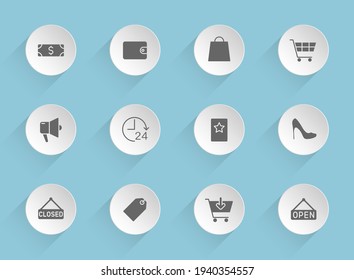 iconos vectoriales de compras en círculos redondos de papel puffy con sombras transparentes sobre fondo azul. iconos vectoriales de stock de compras para diseño web, móvil y de interfaz de usuario