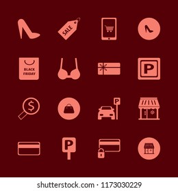 shopping vector icons set. with shopping bag, sale tag, handbag and parking sign in set