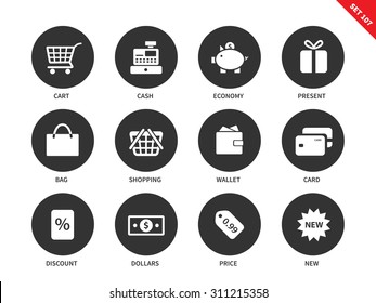 Shopping vector icons set. Consumerism and purchasing concept. Money and cash items, card, cash, economy, present, bag, wallet, card, discount, dollar, price. Isolated on white background