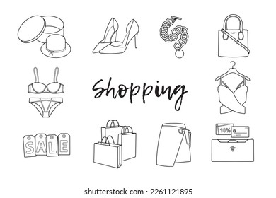 Shopping Vector Icons Set containing icons of hat and hat box, heeled shoes, chain, bag, lingerie, crop top, sale, packages, skirt, purse, credit card and discount card