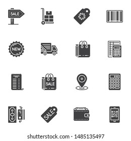 Shopping vector icons set, modern solid symbol collection, filled style pictogram pack. Signs, logo illustration. Set includes icons as signboard, price tag, shopping bag, new collection label, money
