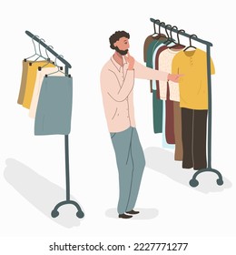 Ilustración vectorial de compras. Un hombre elige ropa, personajes de caricatura. Venta de ropa, concepto de consumismo. Tienda de ropa, tienda de ropa.