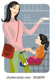 Shopping vector illustration series. Shopping mother with her kid. Check my portfolio for much more of this series as well as thousands of other great vector items.