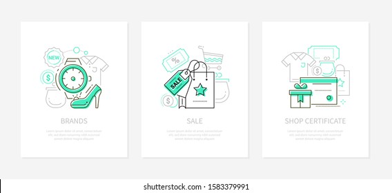 Shopping - vector line design style banners set with place for your text. Brands and new goods, sale and discount, shop certificate ideas. Linear illustrations with icons isolated on white background
