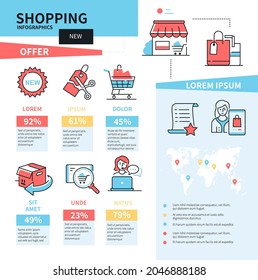 Shopping - vector line design style colored banner. Collage with several themed icons and copy space for text. Idea of remote purchases convenience and ease of delivery all around the world