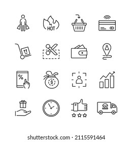 Pictograma web de la cesta del icono de la línea vector de compras. Juego de iconos de ecommerce en línea de la bolsa de supermercados
