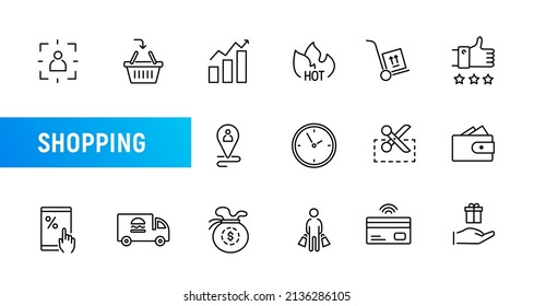 Shopping vector line icon cart basket web pictogram. Supermarket store bag web online ecommerce icon set