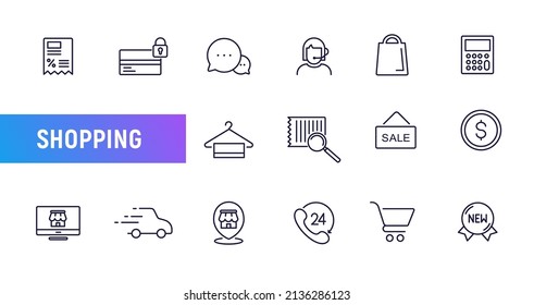 Shopping vector line icon cart basket web pictogram. Supermarket store bag web online ecommerce icon set