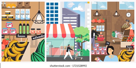 Shopping Vector Poster Template Set. Grocery Store, Market, Supermarket, Food Shop Interior With Fruits, Vegetables, Other Products On Shelves, Male Female Characters With Basket, Cart Doing Shopping.