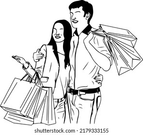 Shopping Vector, Sketch drawing of young couple holding shopping bags, Silhouette of girl and boy doing shopping together, Stencil drawing of couple with shopping bags