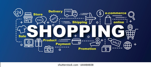 shopping vector trendy banner design concept, modern style with thin line art shopping icons on gradient colors background
