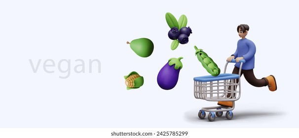 Shopping at vegan store. Joyful male character running with empty shopping cart