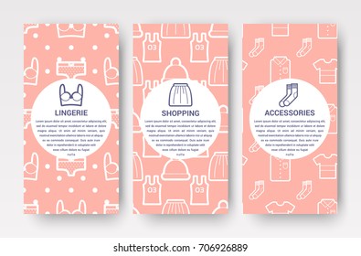 Shopping vertical banners with different clothes icons such as socks, t-shirts, underwear and shirt on pink background isolated vector illustration