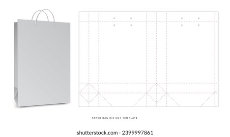 shopping - vertical paper bag die cut template - with  preview mockup - editable blueprint layout with cutting and creasing lines - vector EPS file