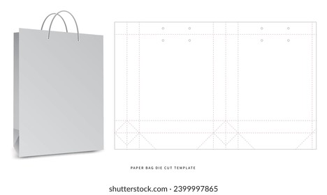 shopping - vertical paper bag die cut template - with  preview mockup - editable blueprint layout with cutting and creasing lines - vector EPS file