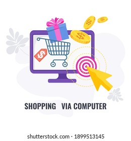 Shopping via computer infographic icon. Elements of direct marketing. Email, Mailing advertising, catalog and telemarketing. Fax communication, shopping via tv. Flat vector banner with icon.