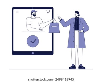 Shopping via e-market easily and practically, delivery vector illustration.