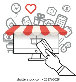 Shopping via Internet. Illustration von simplen Linien