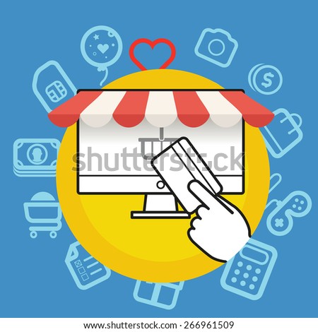 Shopping via internet connection. Simle line design illustration