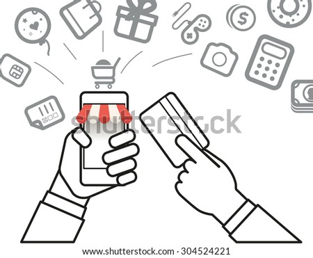 Shopping via internet connection. Simle line design illustration