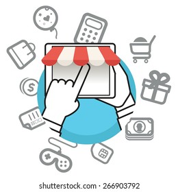 Shopping via internet connection. Simple line design illustration
