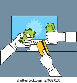 Shopping via internet connection. Simple line design illustration