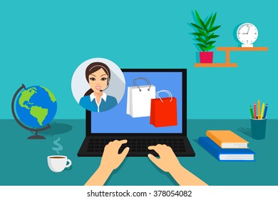 Shopping via the Internet. International express delivery. Modern payment through mobile banking. International shopping at home with a cup of coffee. Flat vector