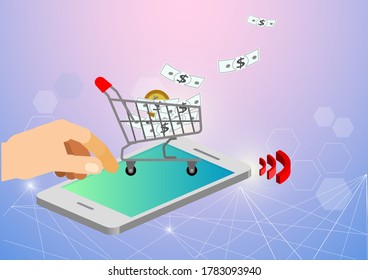 Shopping via mobile phone vector, Online or e-commerce concept 