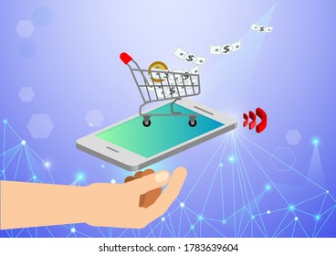 Shopping via mobile phone vector, Online or e-commerce concept