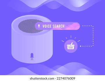 Shopping via smart speakers e-commerce business concept. Voice search digital marketing ecommerce strategy. Sound recognition illustration with smart speaker, search bar and add to basket icon