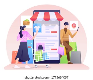 Shopping via Smartphone Illustration, Online Shopping. This illustration can be use for website, landing page, web, app, and banner.