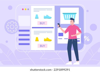 Shopping violet concept with people scene in the flat cartoon style. Man flips through the catalog of an online shoe store. Vector illustration.
