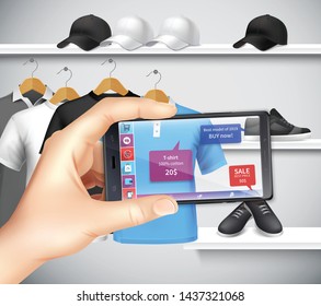 Shopping with virtual and augmented reality apps realistic composition with holding smartphone hand choosing sportswear vector illustration 