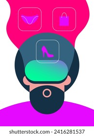Shopping in virtual reality. Man wearing VR glasses makes purchases online. Flat vector illustration.