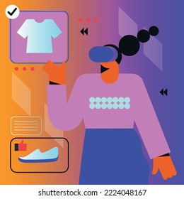 Shopping in virtual Reality. Woman in Goggles purchasing online. Metaverse flat vector illustration. Concept of future innovations.