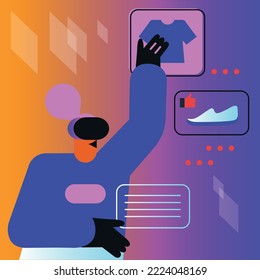Shopping in virtual Reality. Woman in Goggles purchasing online. Metaverse flat vector illustration. Concept of future innovations.