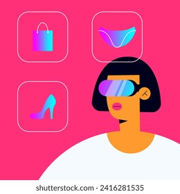 Shopping in virtual reality. A woman wearing VR glasses makes online purchases. Metaverse. Flat vector illustration.