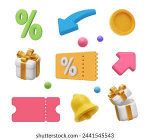 Shopping voucher tickets and coupons with reduction of price. Vector isolated realistic icons of percent, money and arrows, notification bell and empty admission ticket or paper with deal