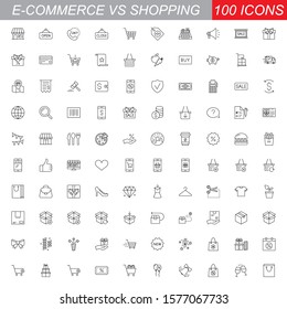 SHOPPING vs E-COMMERCE line thin icons set. Vector illustrations collection EPS10.