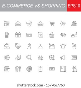 SHOPPING vs E-COMMERCE line thin icons set. Vector illustrations collection EPS10.