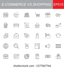 SHOPPING vs E-COMMERCE line thin icons set. Vector illustrations collection EPS10.