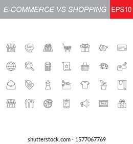 SHOPPING vs E-COMMERCE line thin icons set. Vector illustrations collection EPS10.