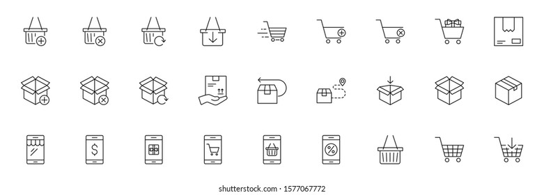 SHOPPING vs E-COMMERCE line thin icons set. Vector illustrations collection EPS10.